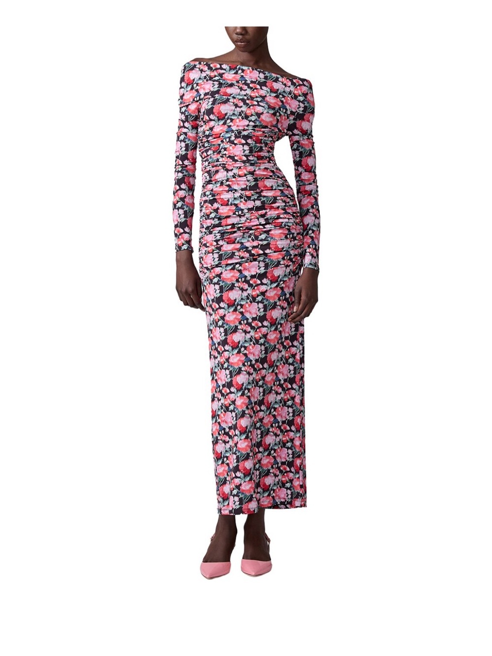 Carolina Herrera Pink Floral Off-Shoulder Midi Dress on Black
